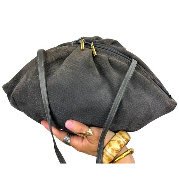 1960's MEYER USA gray suede leather triangle ruched purse - Picture 1 of 7